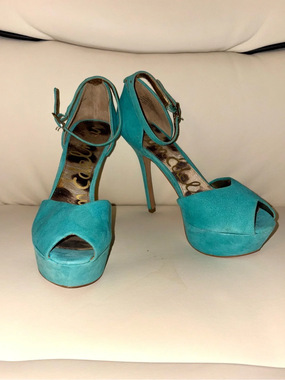 Sam Edelman Teal Suede Peep-Toe Ankle-Strap Heels